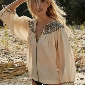 Doen Artiste Magnolia Smocked Embroidered Cotton Blouse Tunic Top XS Boho Boxy